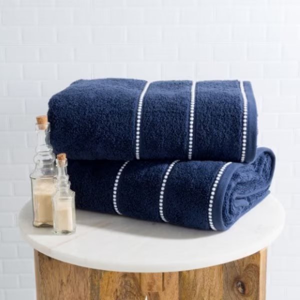 2-piece Luxury Cotton Towel Set, Bath Sheet Made from 100% Zero Twist Cotton, (Navy/White), Hastings Home, Mfr#: 261344FMB